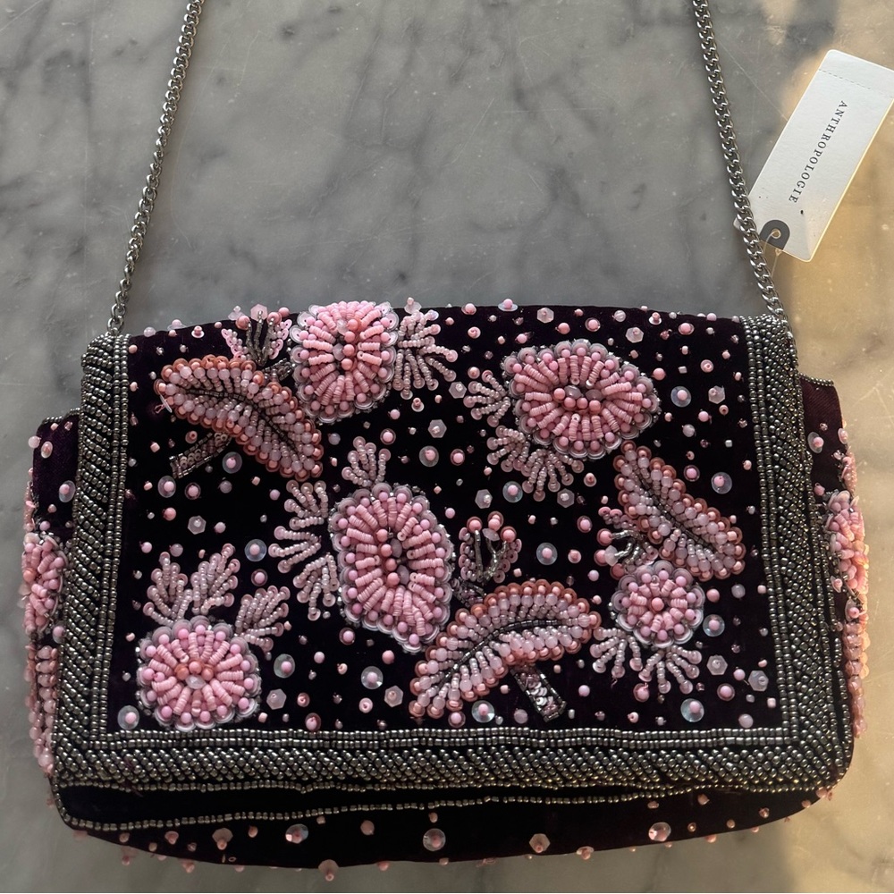 ✨NWT - Anthropologie Burgandy and Pink Embellished Beaded Clutch / Purse✨
